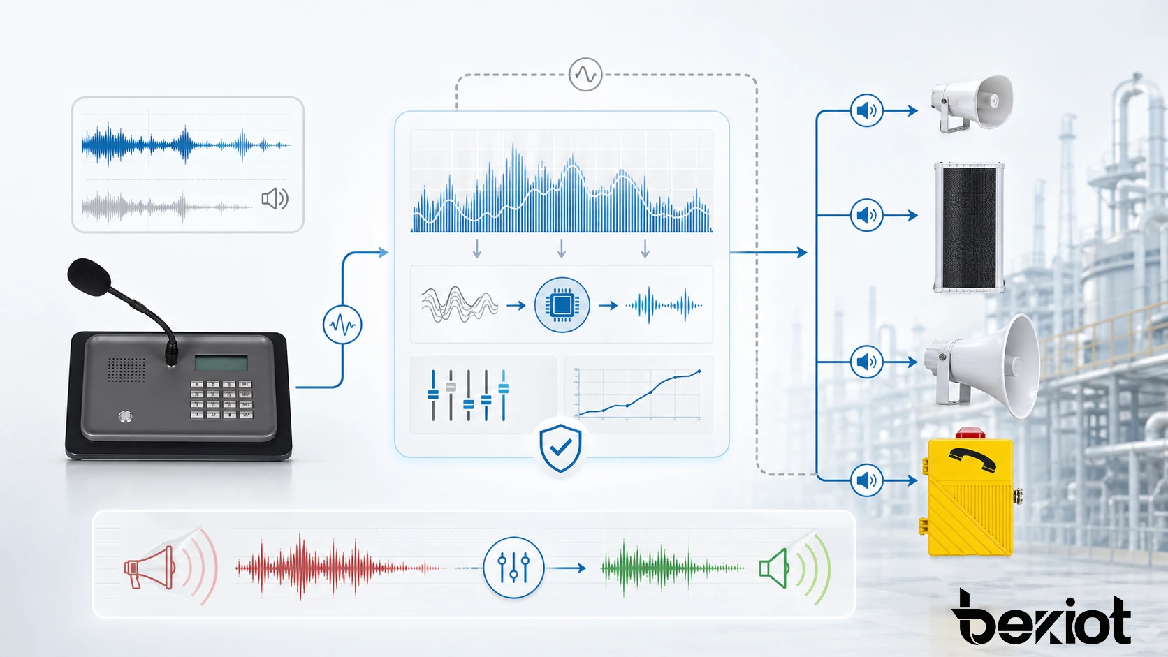 Merkmale der Rückkopplungsunterdrückung mit automatischer Feedback-Erkennung, adaptiver Filterung, Verstärkungsregelung und Erhaltung klarer Sprache