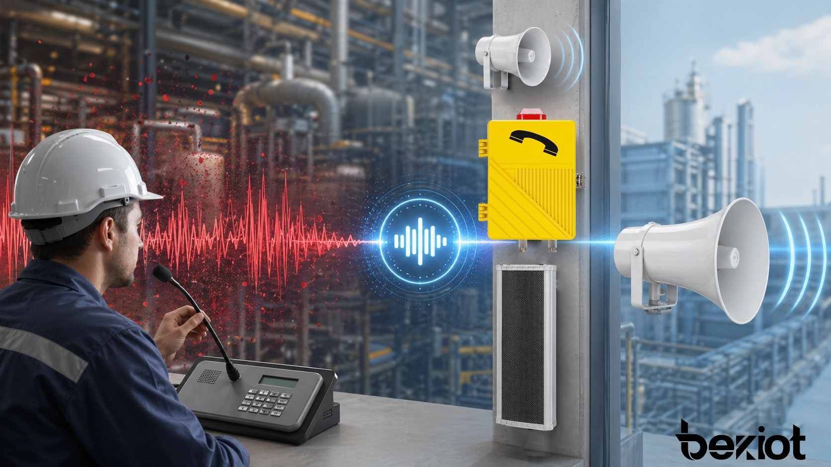 Noise-Reduction-Konzept mit reduzierten Hintergrundgeräuschen und klarer Sprache in einem geschäftlichen und industriellen Kommunikationssystem