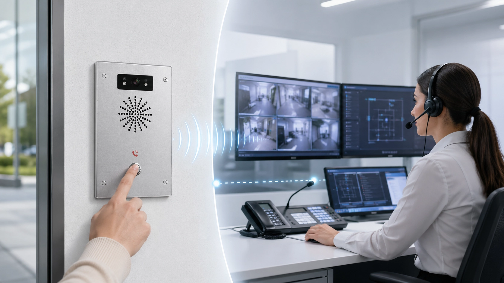 Talkback-Kommunikationskonzept mit Leitstellenoperator, der über ein Zwei-Wege-Sprachsystem einem Feld-Intercom-Benutzer antwortet