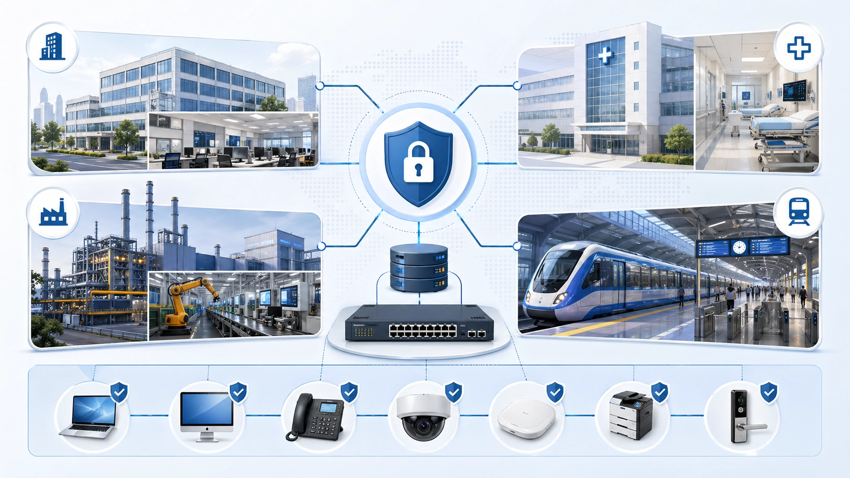 802.1X-Anwendungen in Unternehmensbüros, Campusnetzen, Krankenhäusern, Industrieanlagen, Verkehrssystemen, IP-Telefonen, Kameras und Access Switches