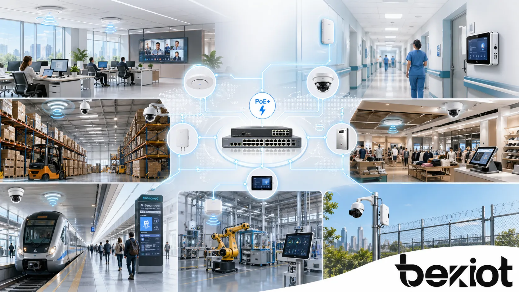 Anwendungen von PoE+ en oficinas, campus, hospitales, almacenes, tiendas, sitios de transporte, instalaciones industriales y redes exteriores de seguridad