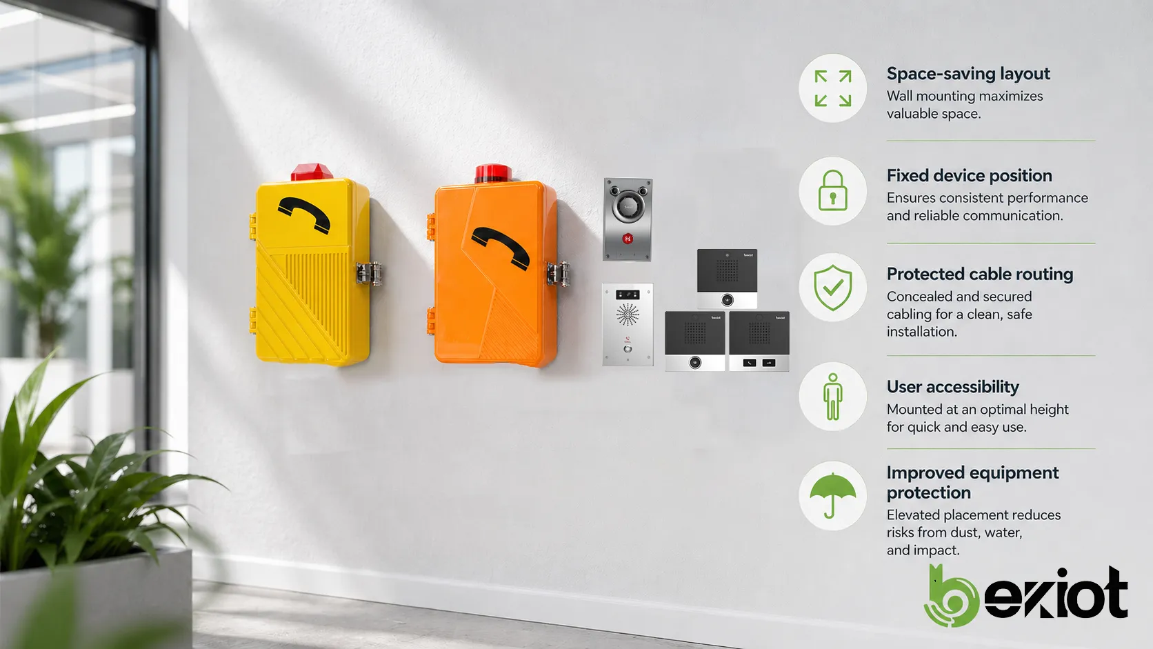 Merkmale der Wandmontage mit platzsparendem Layout, fester Geräteposition, geschützter Kabelführung, Nutzerzugänglichkeit und Geräteschutz