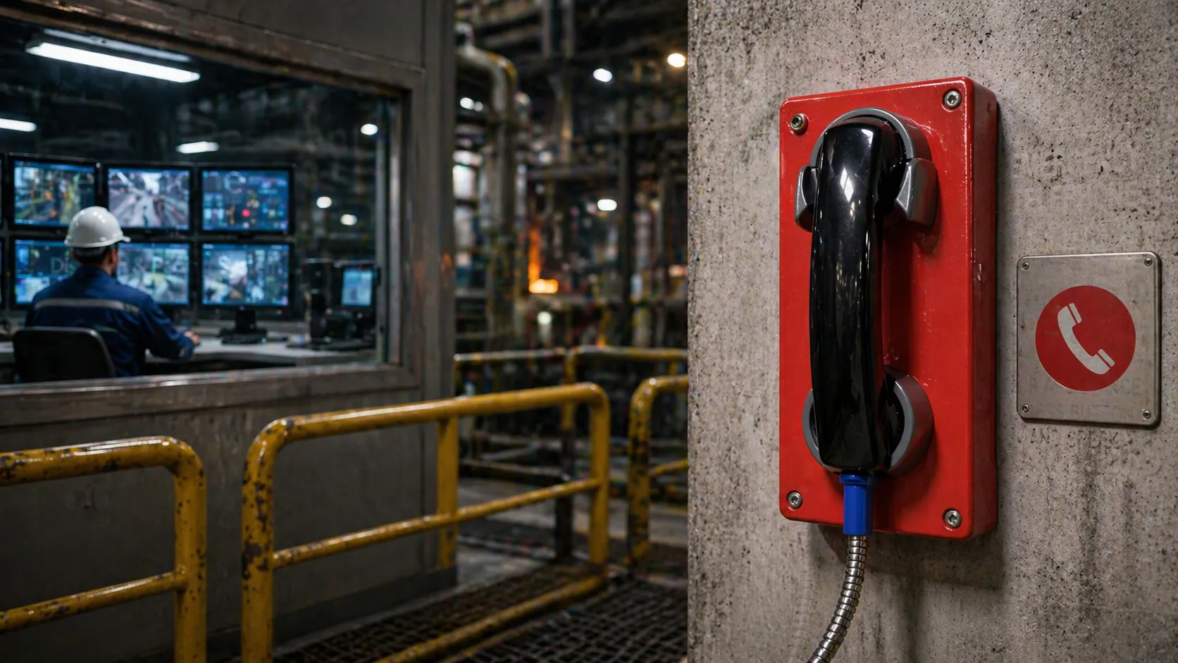 Vandalismussicheres Telefon in einer Industrieanlage, verbunden mit Leitstelle und Paging-System