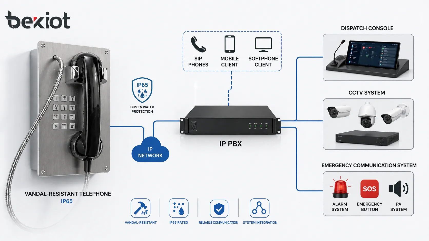 BT22 vandalismussicheres Telefon verbunden mit IP PBX Dispatch-Konsole CCTV und Notfallkommunikationsarchitektur