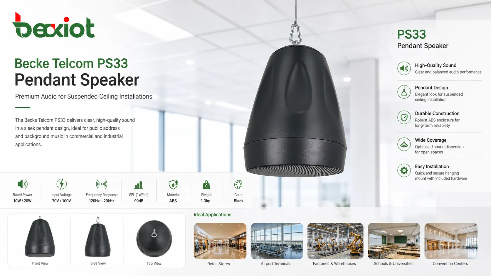 Becke Telcom PS33 Pendant Speaker für abgehängte Audioinstallation an der Decke