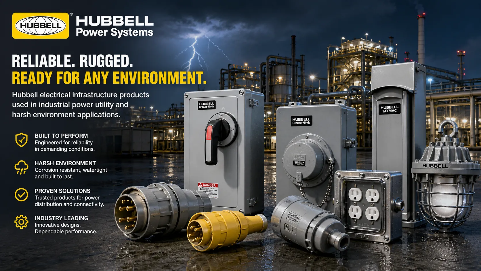 Elektrische Infrastrukturprodukte von Hubbell für industrielle Energie-, Versorgungs- und raue Umgebungsanwendungen