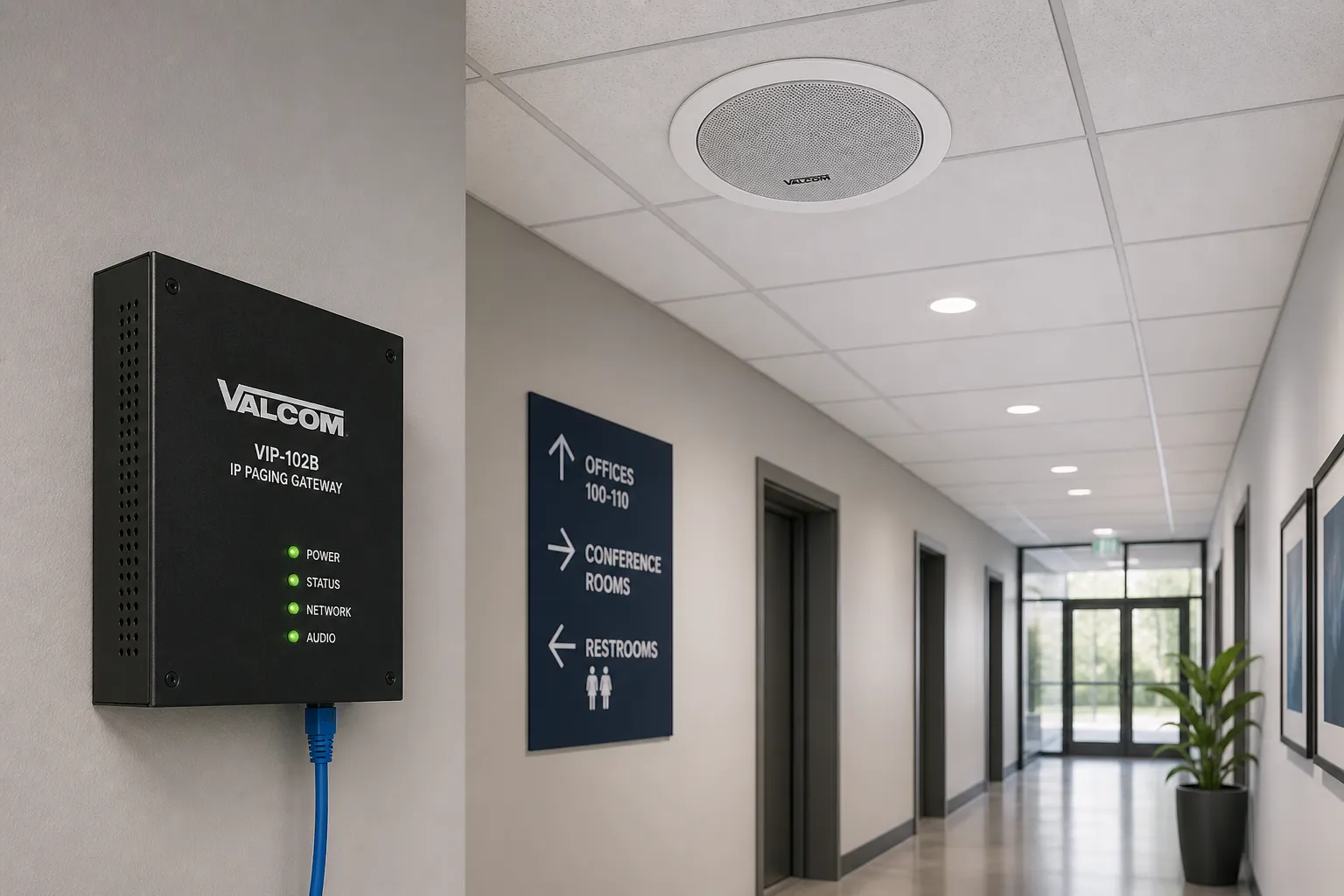 Valcom IP-Paging-Gateway und Deckenlautsprecher in einem modernen Flur, als Beispiel für skalierbare vernetzte Audiolösungen