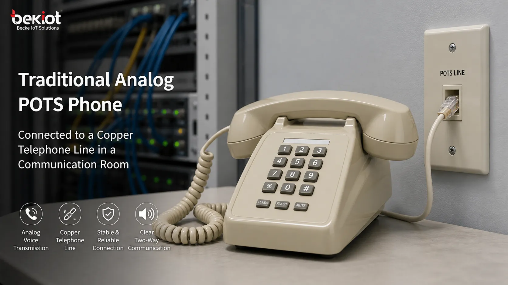 Traditionelles analoges POTS-Telefon, das in einem Kommunikationsraum an eine Kupfertelefonleitung angeschlossen ist