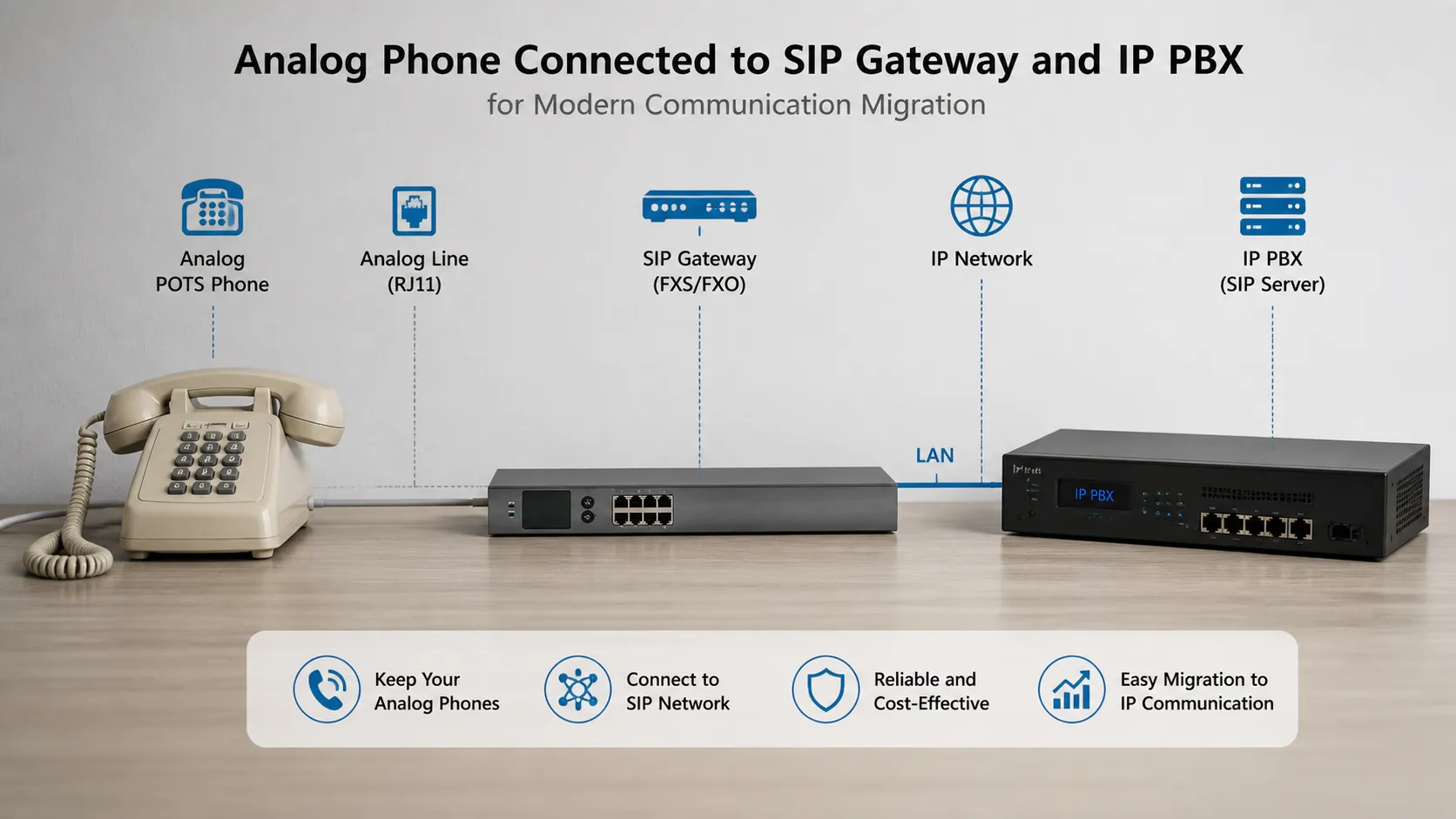 Analoges POTS-Telefon, das für moderne Kommunikationsmigration mit einem SIP-Gateway und einer IP-PBX verbunden ist
