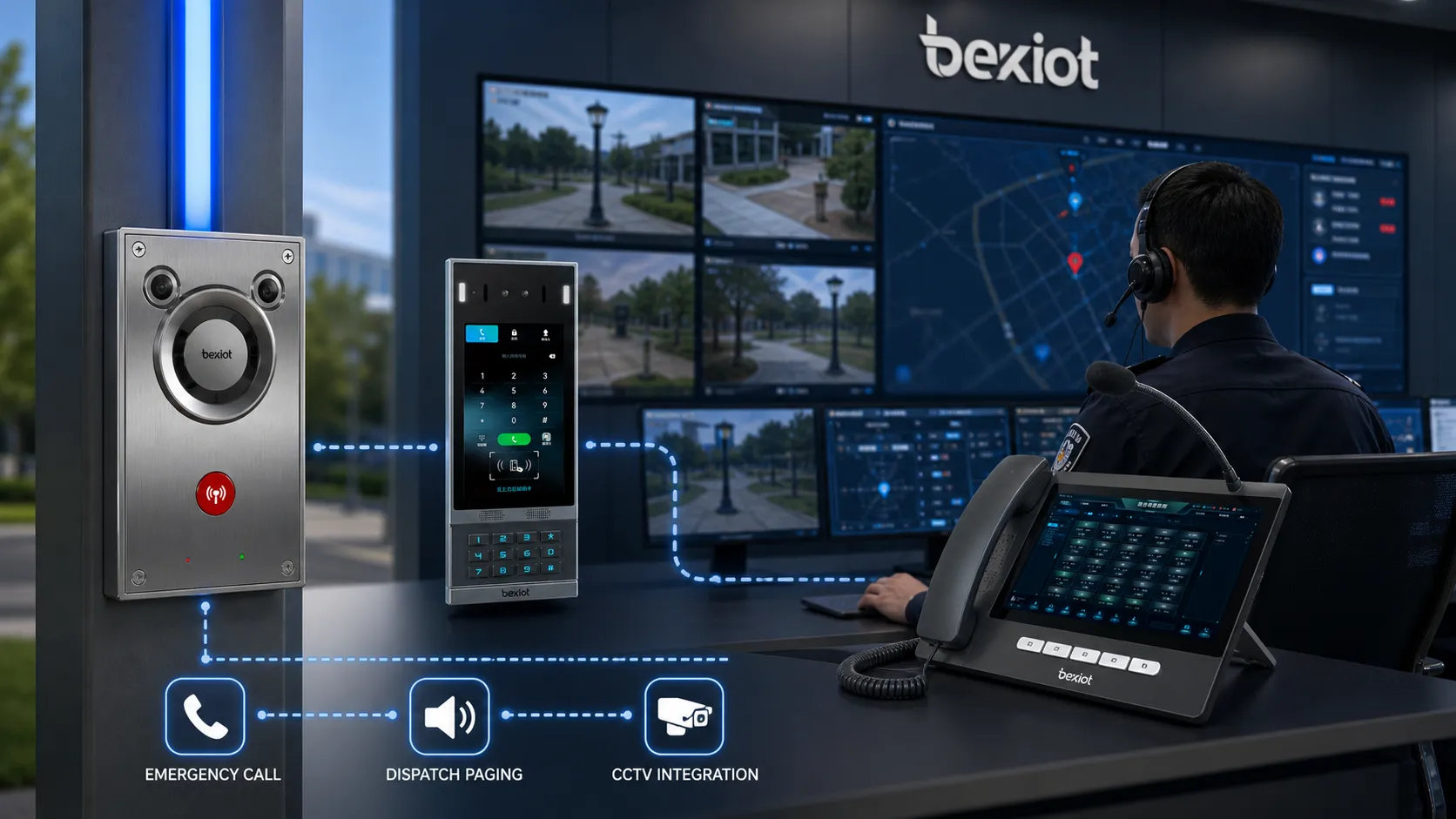 Sicherheitsleitstelle überwacht Blue-Light-Telefone mit Notfalldispatch, Beschallung und CCTV-Integration