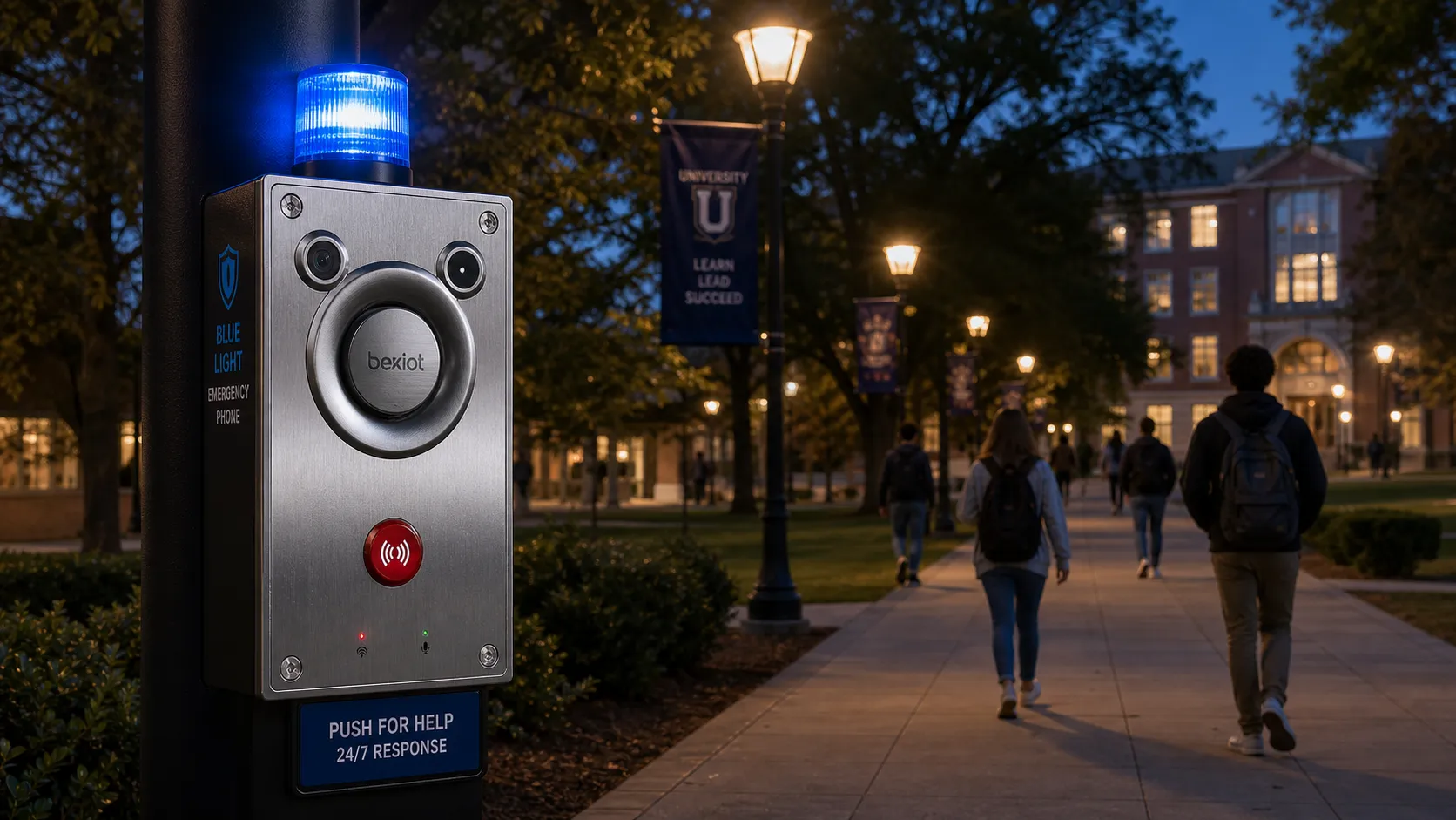 Blaulicht-Notruftelefon auf einem Universitätsweg für Sicherheitskommunikation von Studierenden
