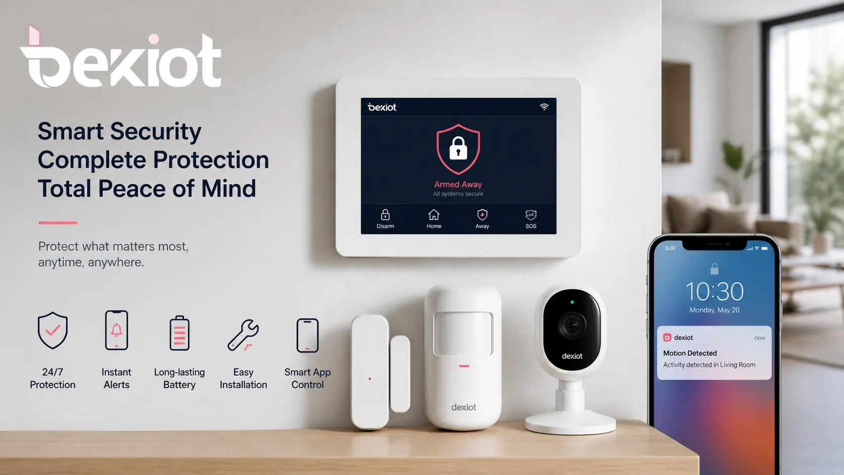 Modernes Hausalarmsystem mit Bedienpanel Türsensoren Bewegungsmelder Kamera und mobiler Benachrichtigung