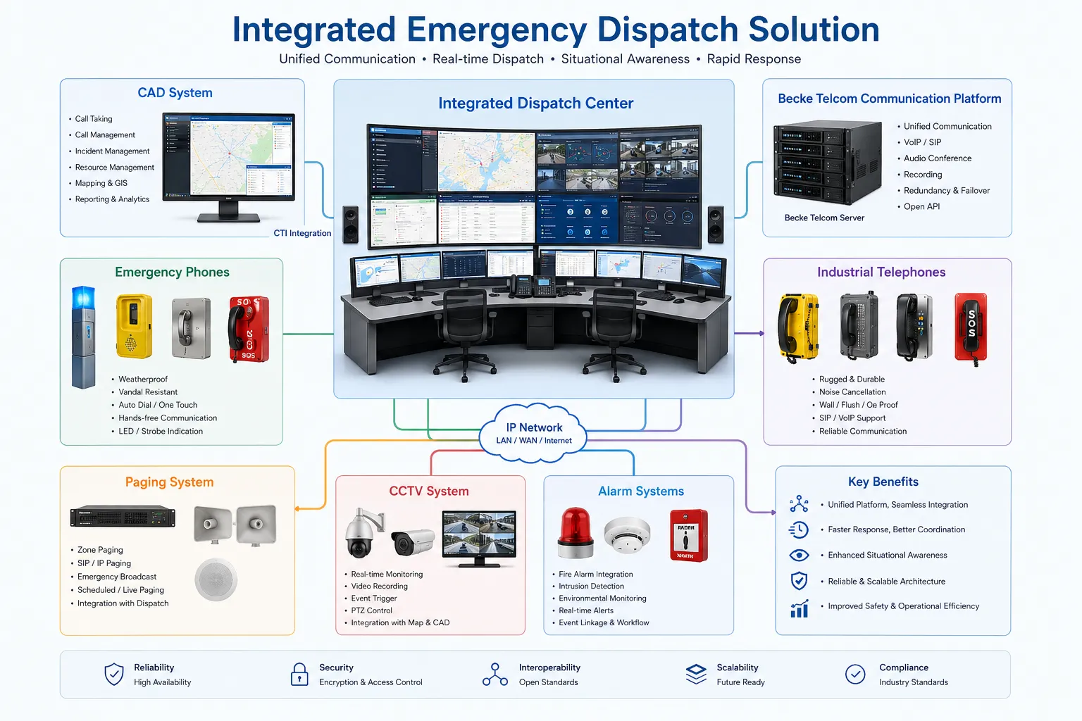 Integrierte Notfall-Dispatch-Lösung mit CAD-System, Becke Telcom Kommunikationsplattform, Notruftelefonen, Industrietelefonen, Beschallung, CCTV und Alarmsystemen