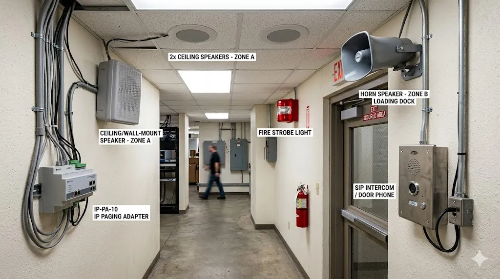 Verschiedene Paging-Geräte mit Deckenlautsprechern, Wandlautsprechern, Hornlautsprechern, Blitzleuchten, SIP-Intercoms und IP-Paging-Adaptern