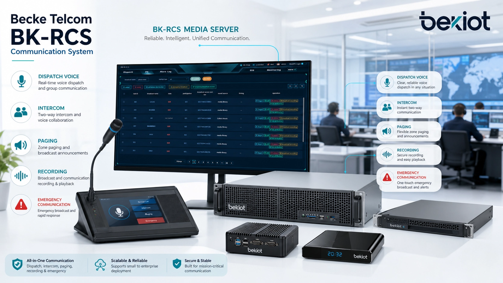 Becke Telcom BK-RCS Server und BK-RCS System mit Medienfunktionen für Dispatching, Intercom, Paging, Aufzeichnung und Notfall
