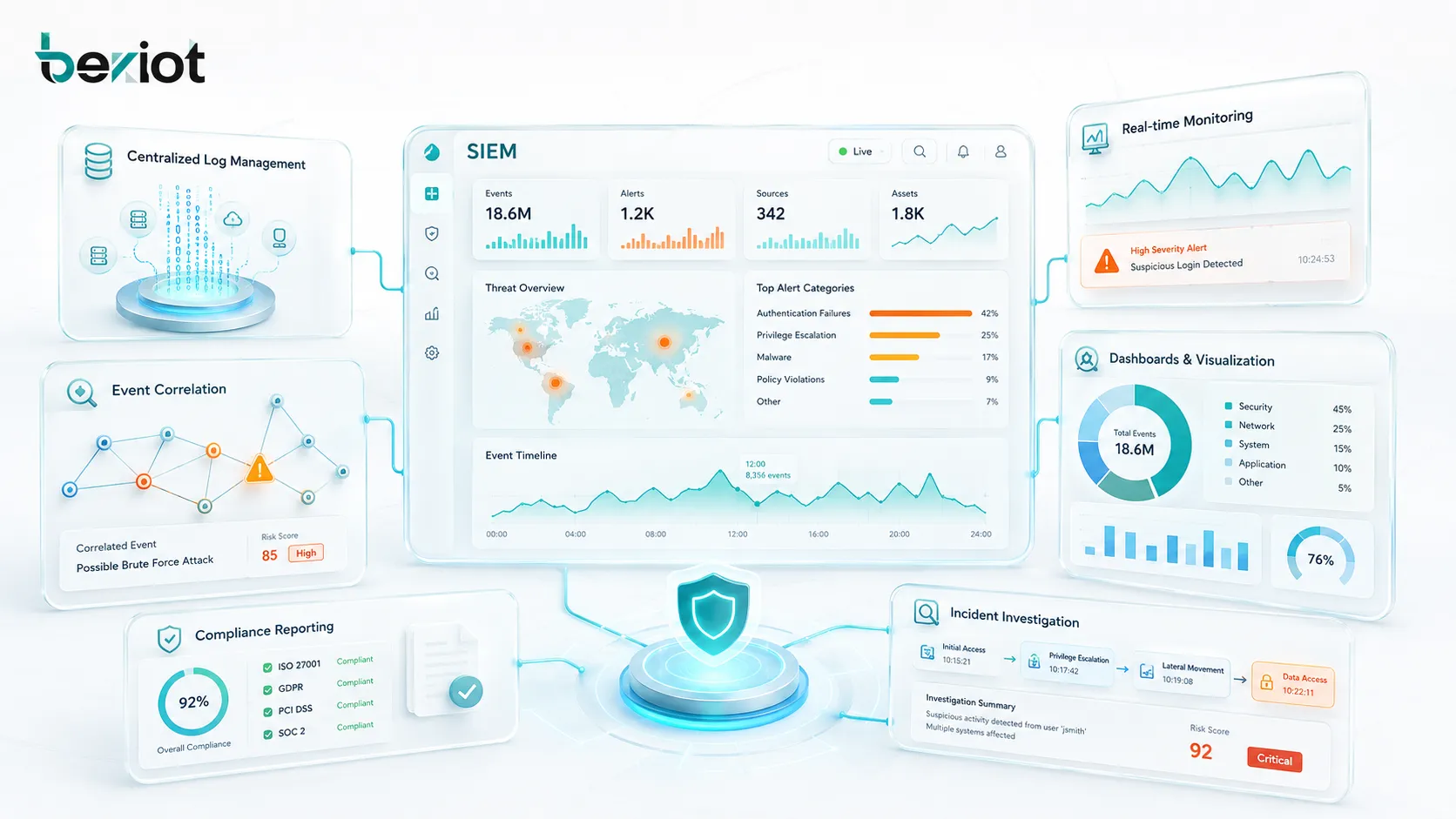 SIEM-Funktionen: zentralisiertes Protokollmanagement, Echtzeitüberwachung, Ereigniskorrelation, Dashboards, Compliance-Berichte und Vorfalluntersuchung