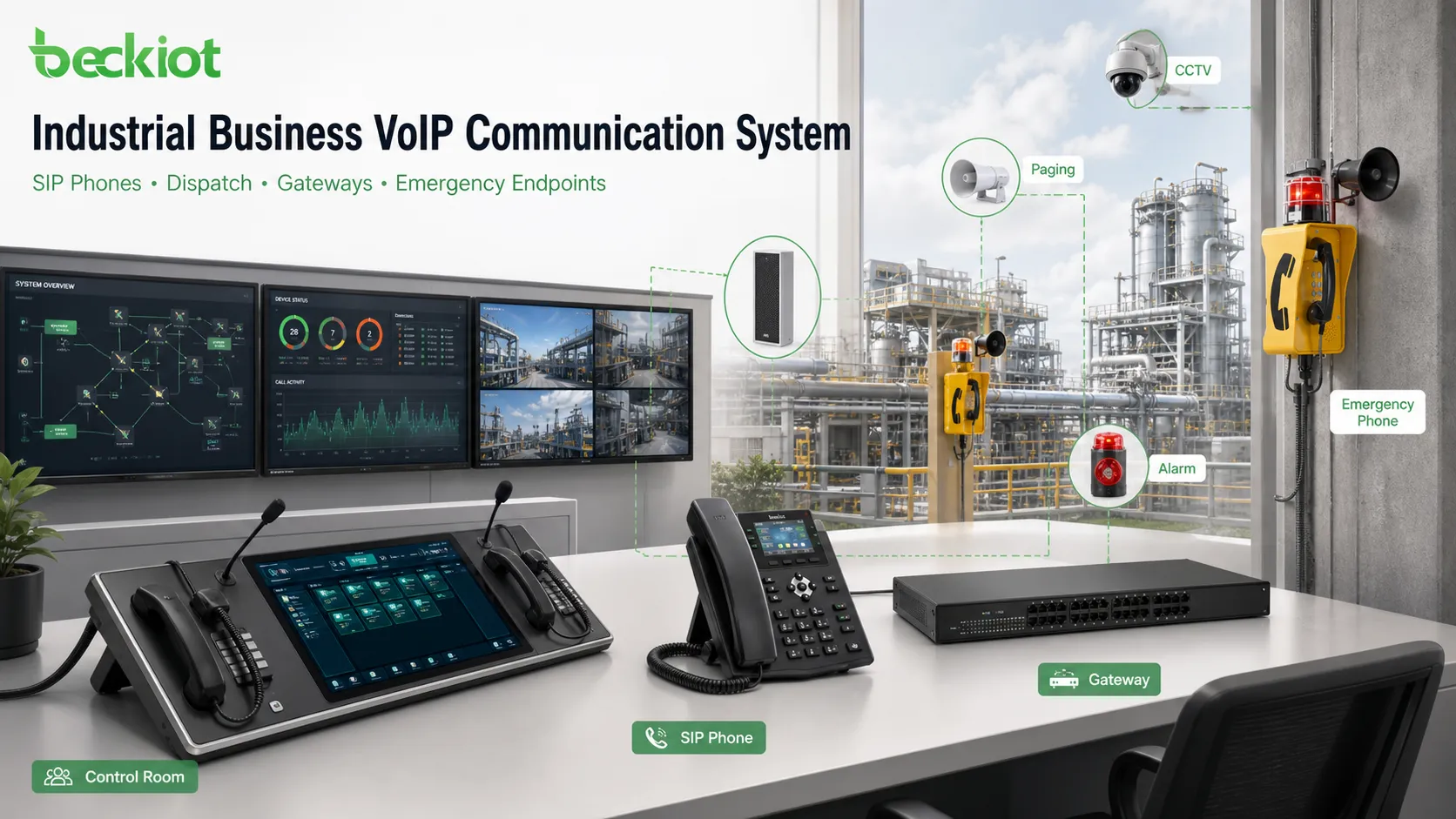 Industrielles geschäftliches VoIP-Kommunikationssystem mit Integration von SIP-Telefonen, Leitstellenkonsolen, Gateways und Notfallendgeräten