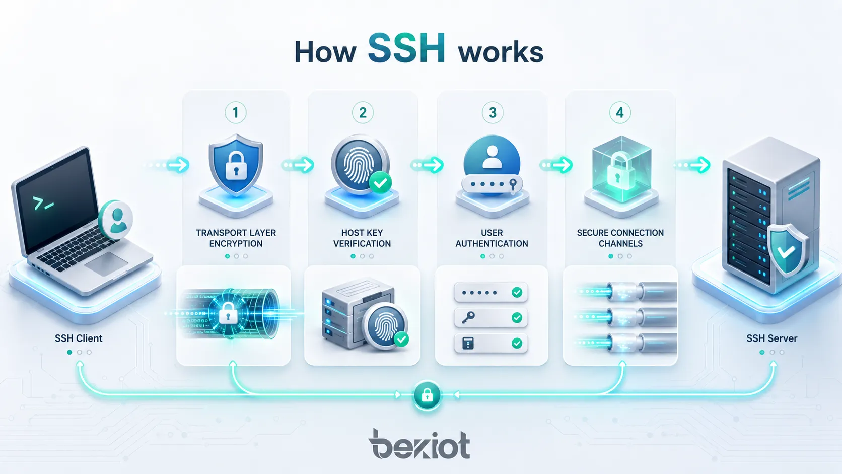 Funktionsweise von SSH mit Verschlüsselung der Transportschicht, Überprüfung des Server-Host-Schlüssels, Benutzerauthentifizierung und sicheren Verbindungskanälen