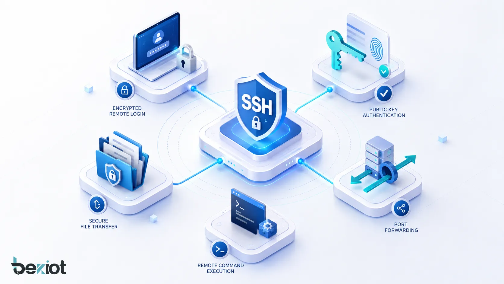 SSH-Funktionen: verschlüsselte Remote-Anmeldung, Public-Key-Authentifizierung, sichere Dateiübertragung, Port-Weiterleitung und Remote-Befehlsausführung