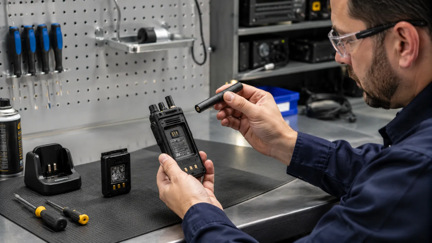 Techniker prüft Antenne, Batteriekontakte und wasserdichtes Gehäuse eines Funkgeräts für sichere tägliche Wartung