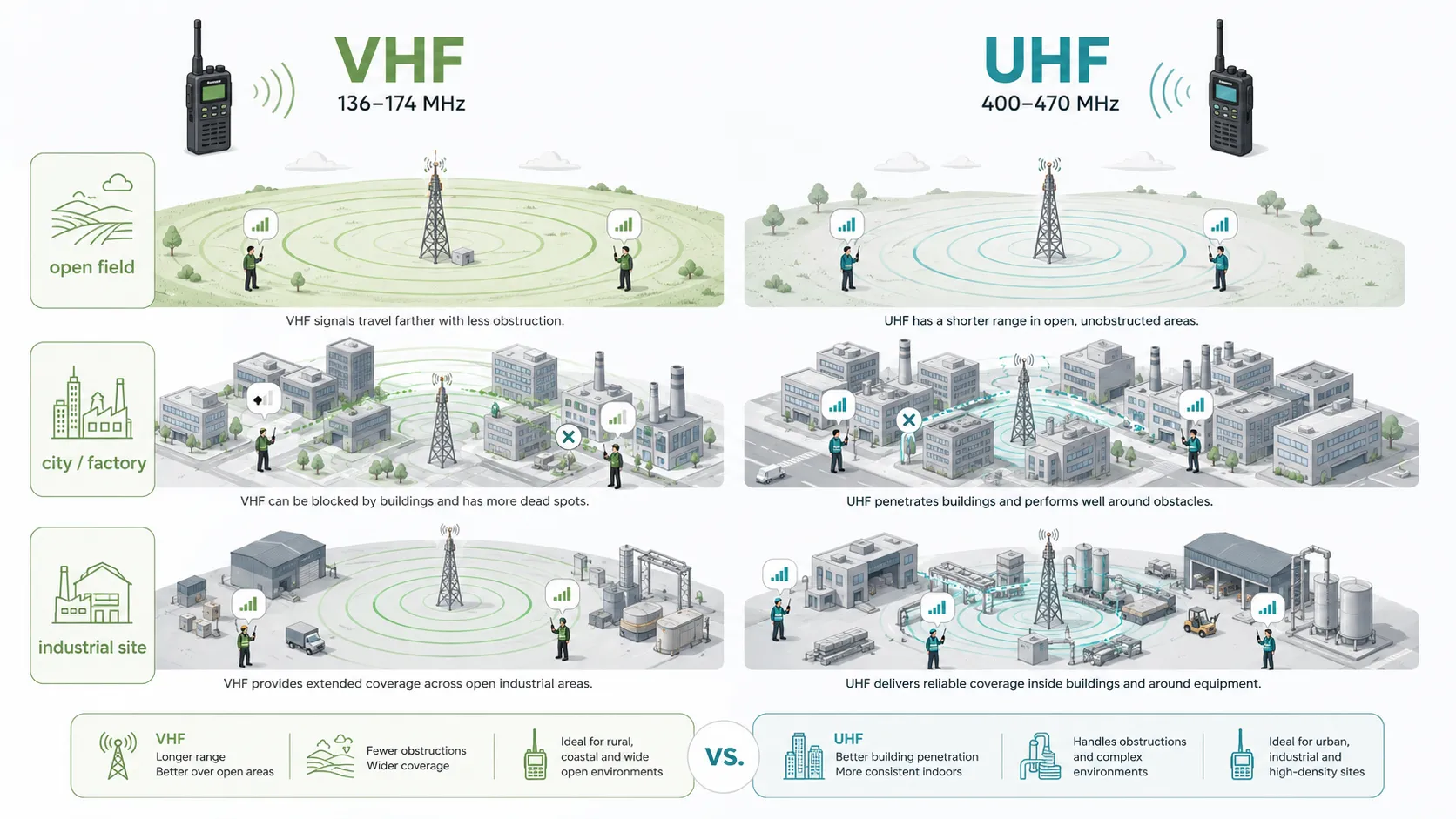 Vergleich der VHF- und UHF-Funkabdeckung in Fabrik Stadt und offenem Feld