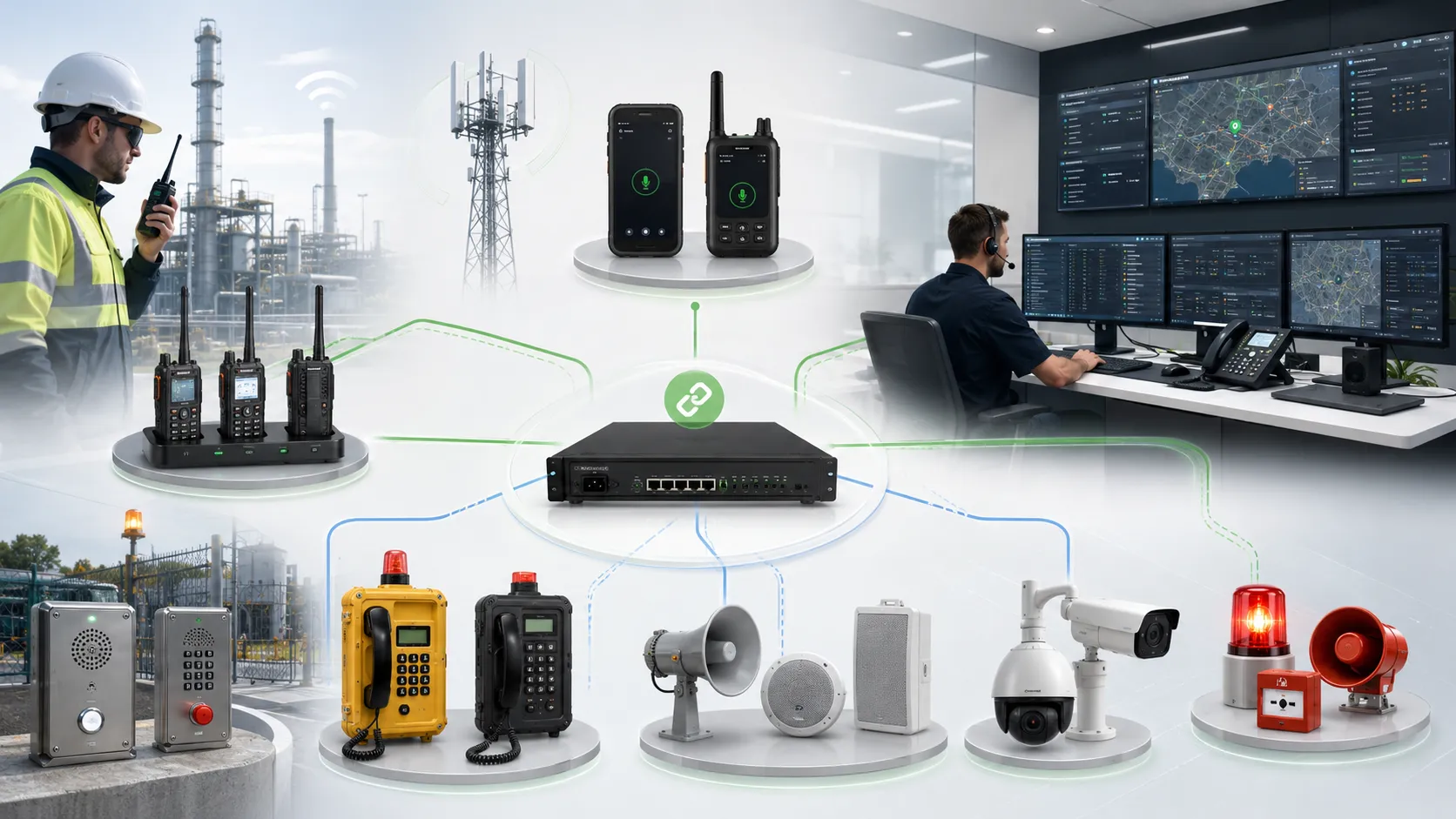 Hybride Notfallkommunikationslösung von Becke Telcom mit Funkgeräten PoC RoIP-Gateway SIP-Dispatch Industrietelefonen PA und CCTV-Verknüpfung