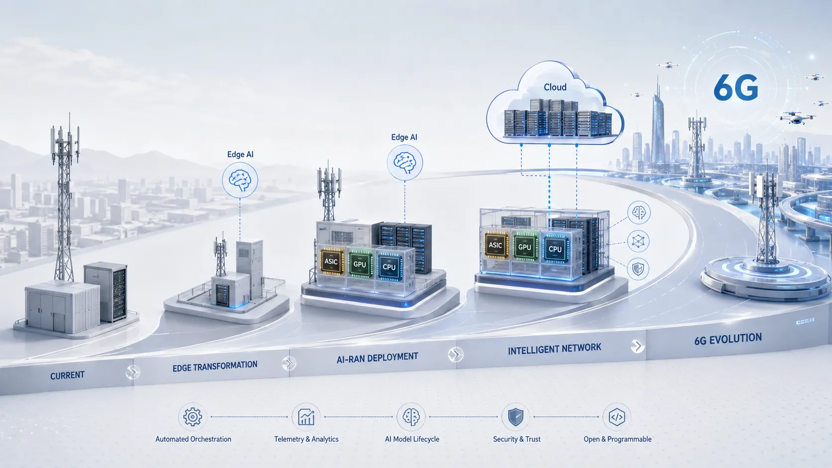 Roteiro de implantação AI-RAN para operadoras usando ASIC GPU CPU computação heterogênea IA de borda orquestração em nuvem e evolução 6G