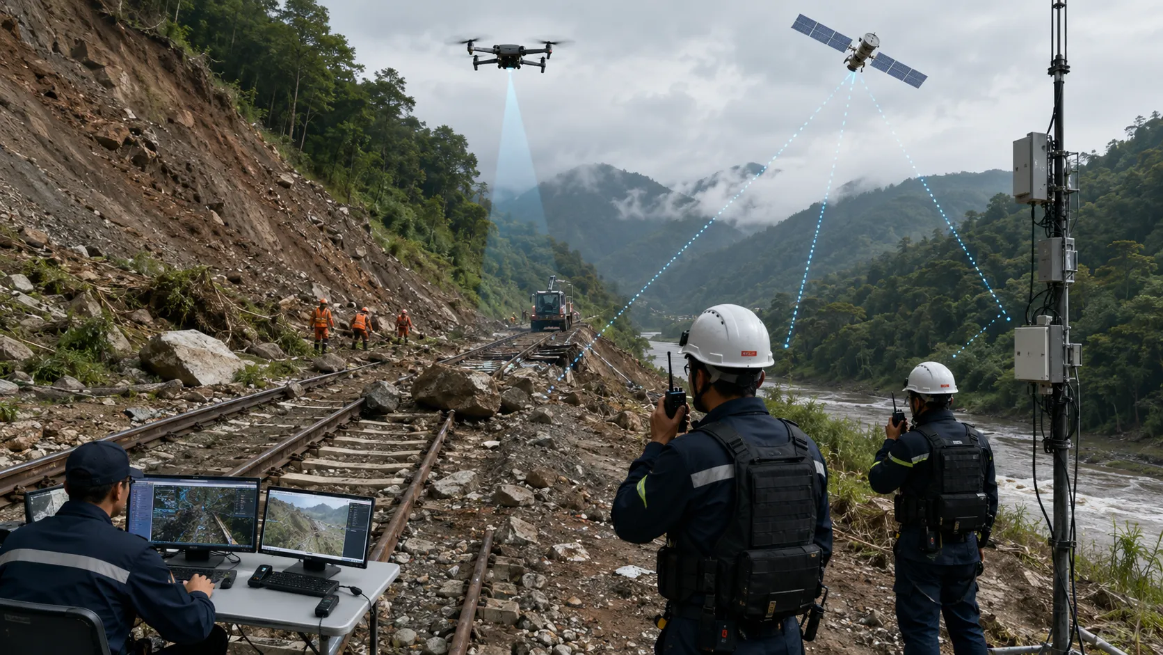 Bahnnotfall durch Erdrutsch mit Drohnenaufklärung Satellitenrelais Funksprechverbindung und Leitstellen-Dispatch