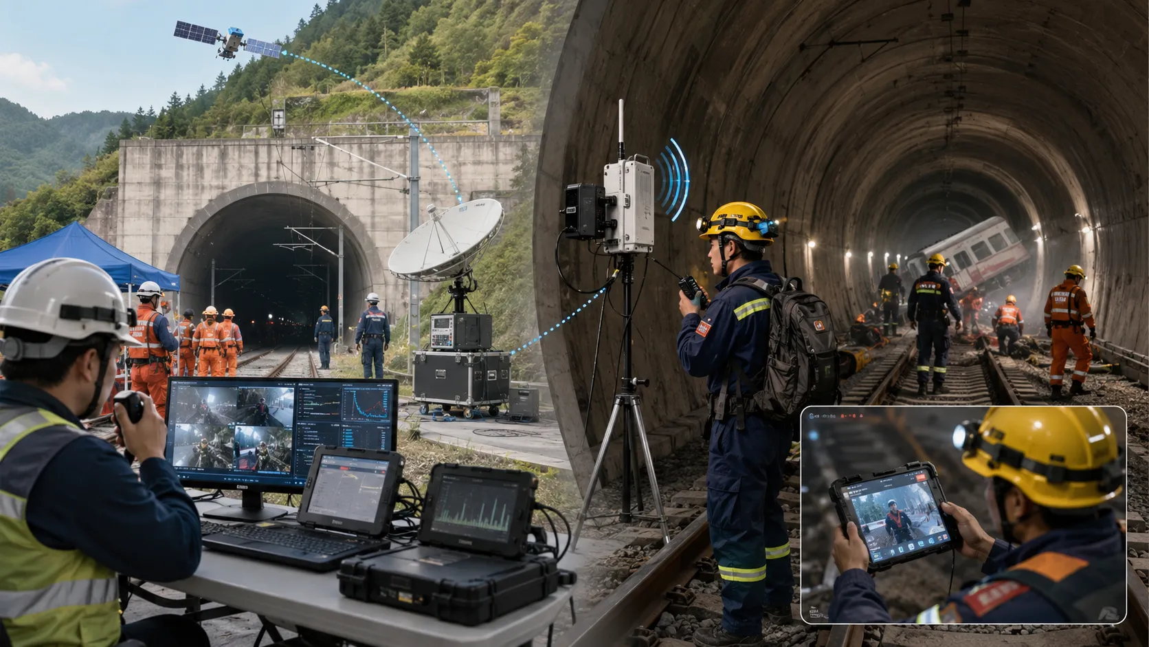 Tunnelrettung im Bahnverkehr mit drahtlosem Relais das Sprach- und Videosignale 3.5 bis 10 Kilometer in den Tunnel über Satelliten-Backhaul sendet