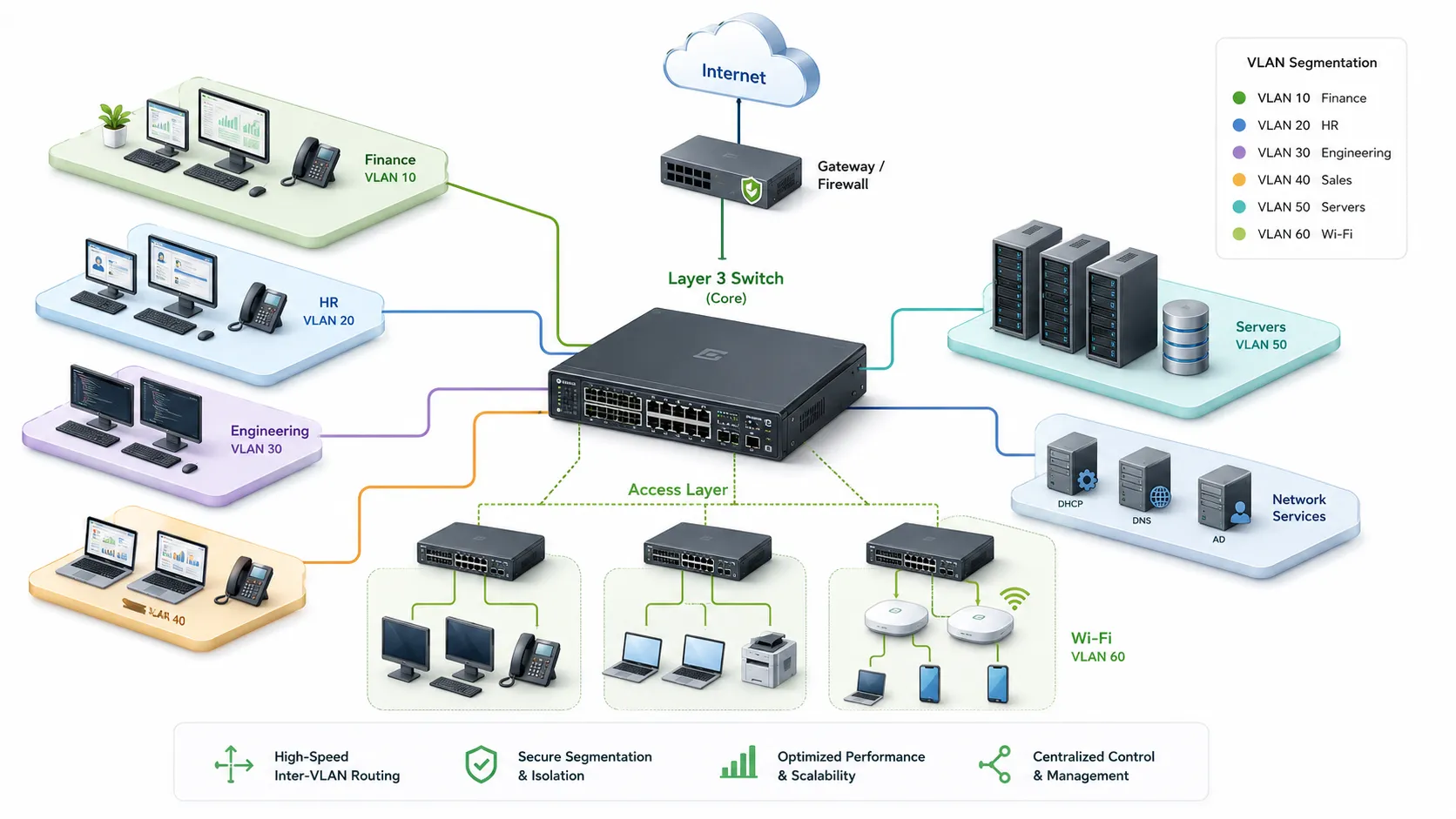 Layer-3-Switch als Kern im Unternehmensnetzwerk zur Verbindung von VLANs, Abteilungen, Servern, Internet-Gateway und Access-Switches