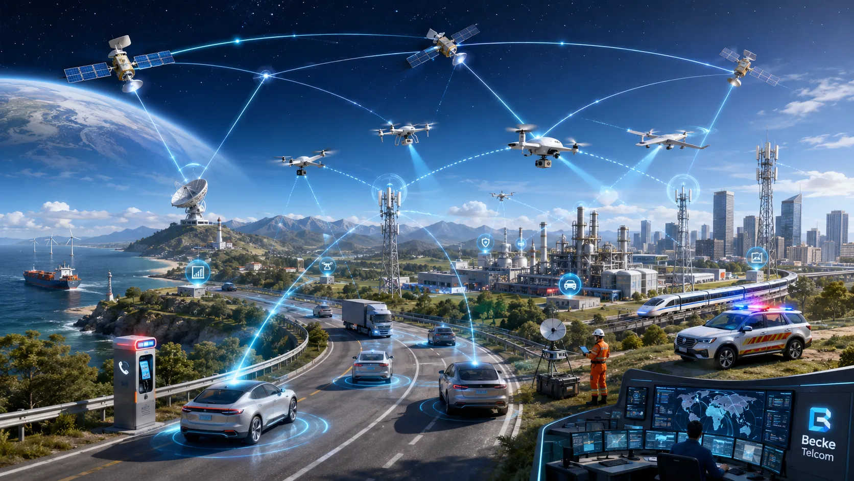 Integriertes Raum-Luft-Boden-Netzwerk für 6G, das Satelliten, Drohnen, Basisstationen, intelligente Fahrzeuge, Industriestandorte und Notfallkommunikationssysteme verbindet
