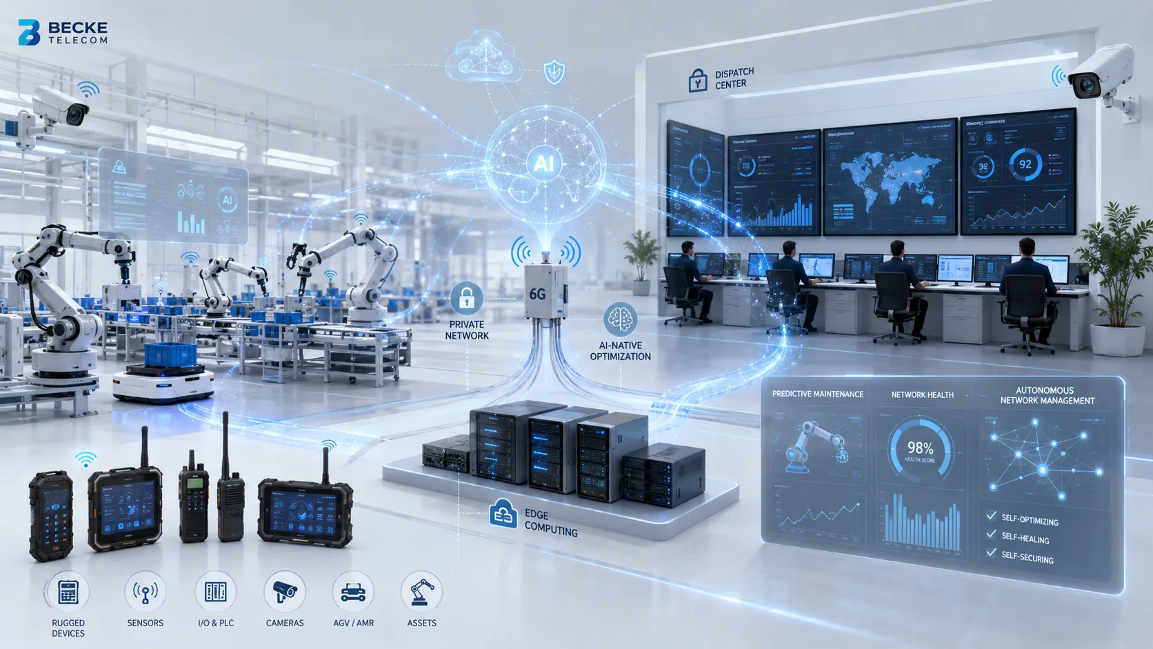 KI-native 6G-Industriekommunikationslösung mit Edge-Computing, privatem Netzwerk, intelligenter Fabrik, Dispositionszentrale und verbundenen Geräten