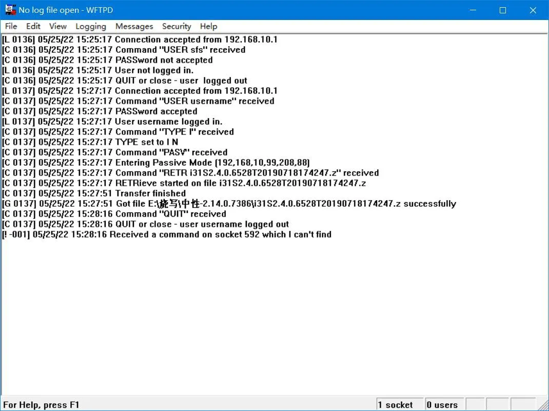 Das FTP-Server-Fenster zeigt zugehörige Download-Informationen an