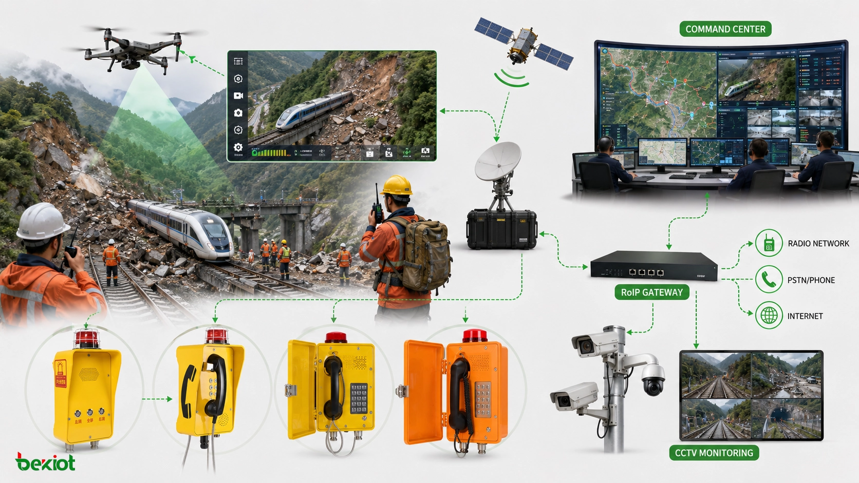 Bahn-Notfalldispatch bei Erdrutsch mit Drohnenvideo Satellitenkommunikation RoIP-Funkdispatch GIS-Karte CCTV und Leitstand