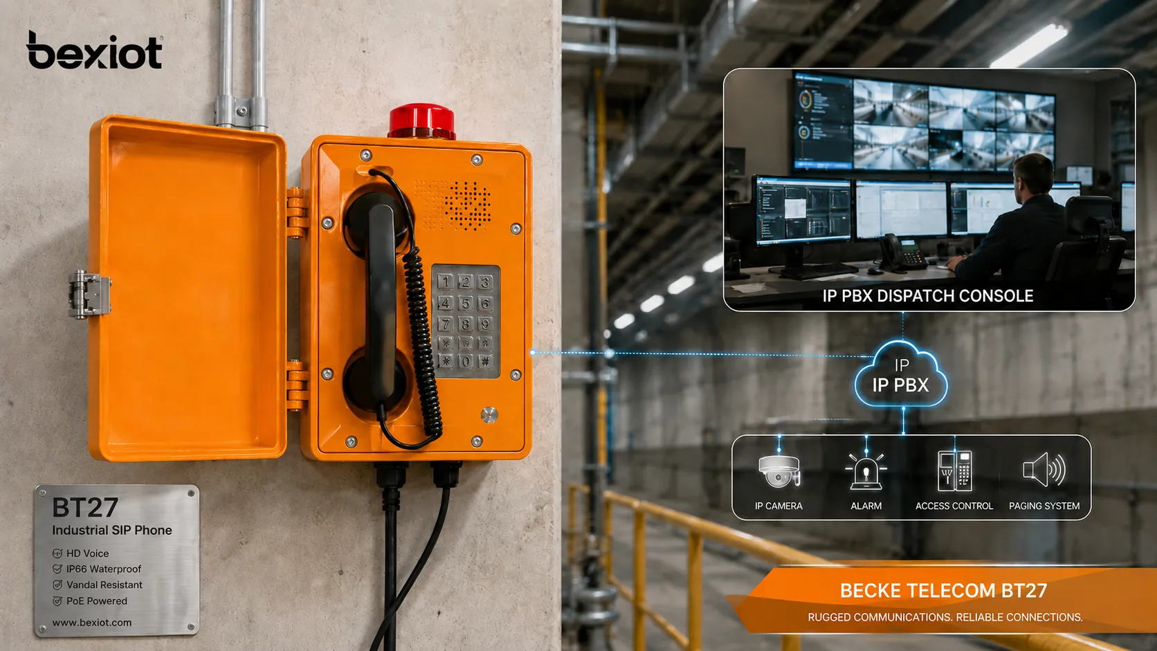 Becke Telcom BT27 industrielles SIP-Telefon als robuster wandmontierter Intercom-Endpunkt mit IP-PBX, Dispatch-Konsole und Leitstelle verbunden
