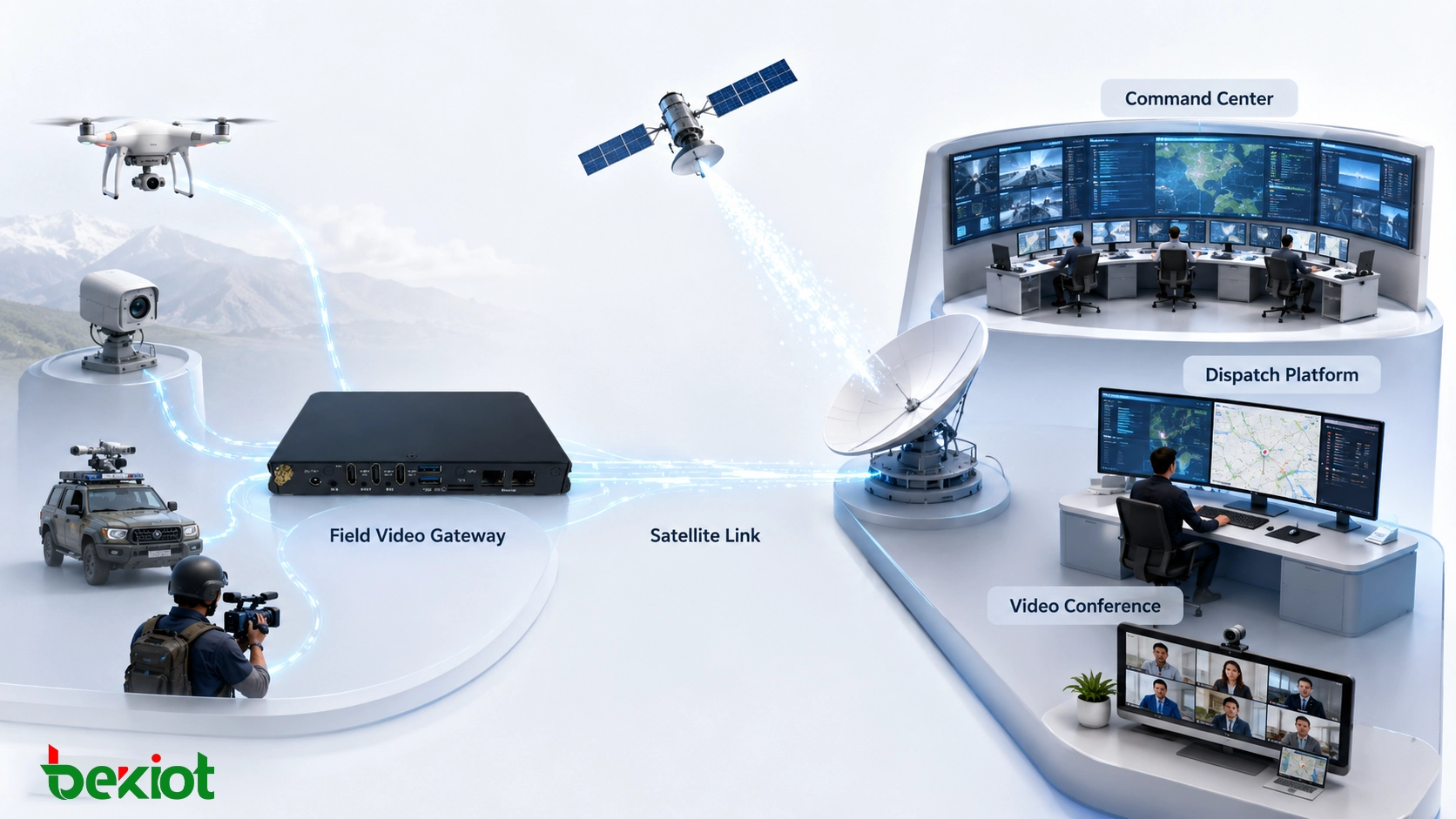 Satellitengestützte Notfallkommunikationsarchitektur mit Feld-Video-Gateway Leitstelle Dispositionsplattform und Videokonferenzintegration