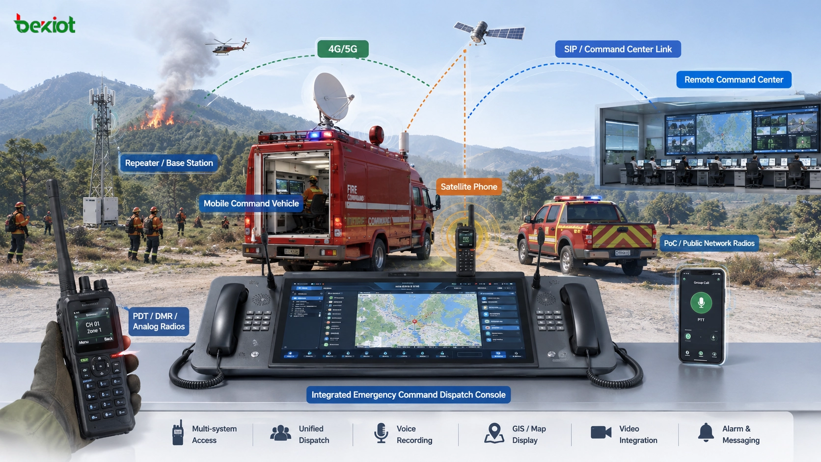 Feldkommandoposten bei Waldbrand mit integrierter Notfall-Dispositionskonsole Funkgeräten Repeatern Satellitentelefonen und mobilem Kommandofahrzeug