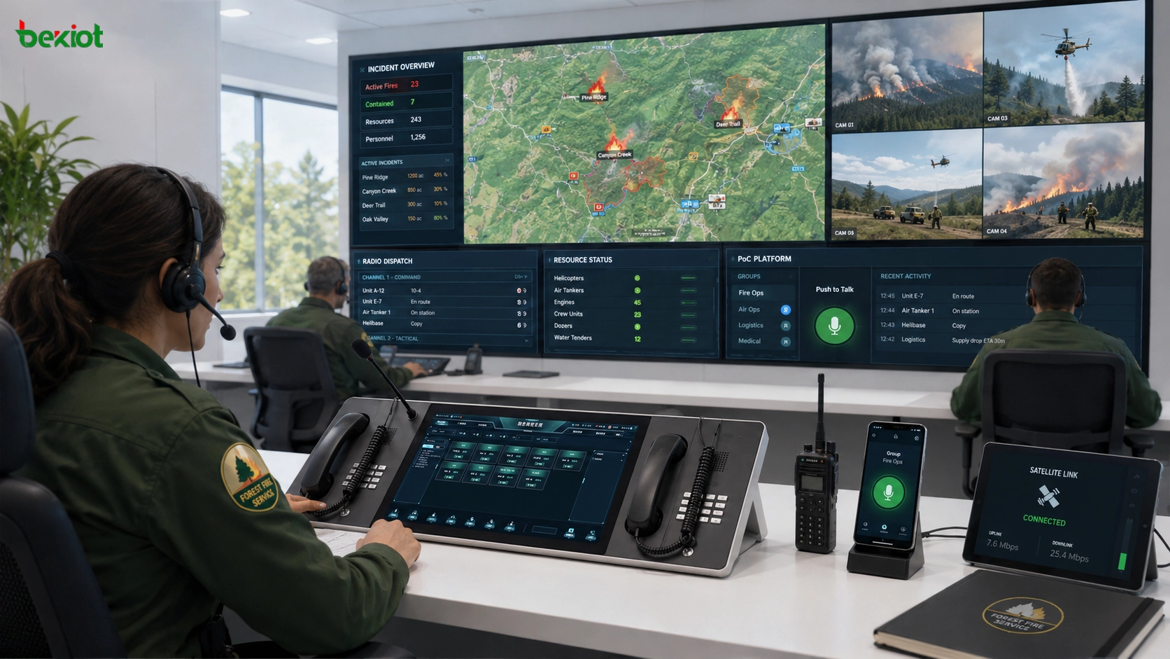 Waldbrand-Notfallleitstelle mit integrierter Befehls-Dispositionskonsole GIS-Karte Videoüberwachung Funkkommunikation Satellitenlink und PoC-Plattform