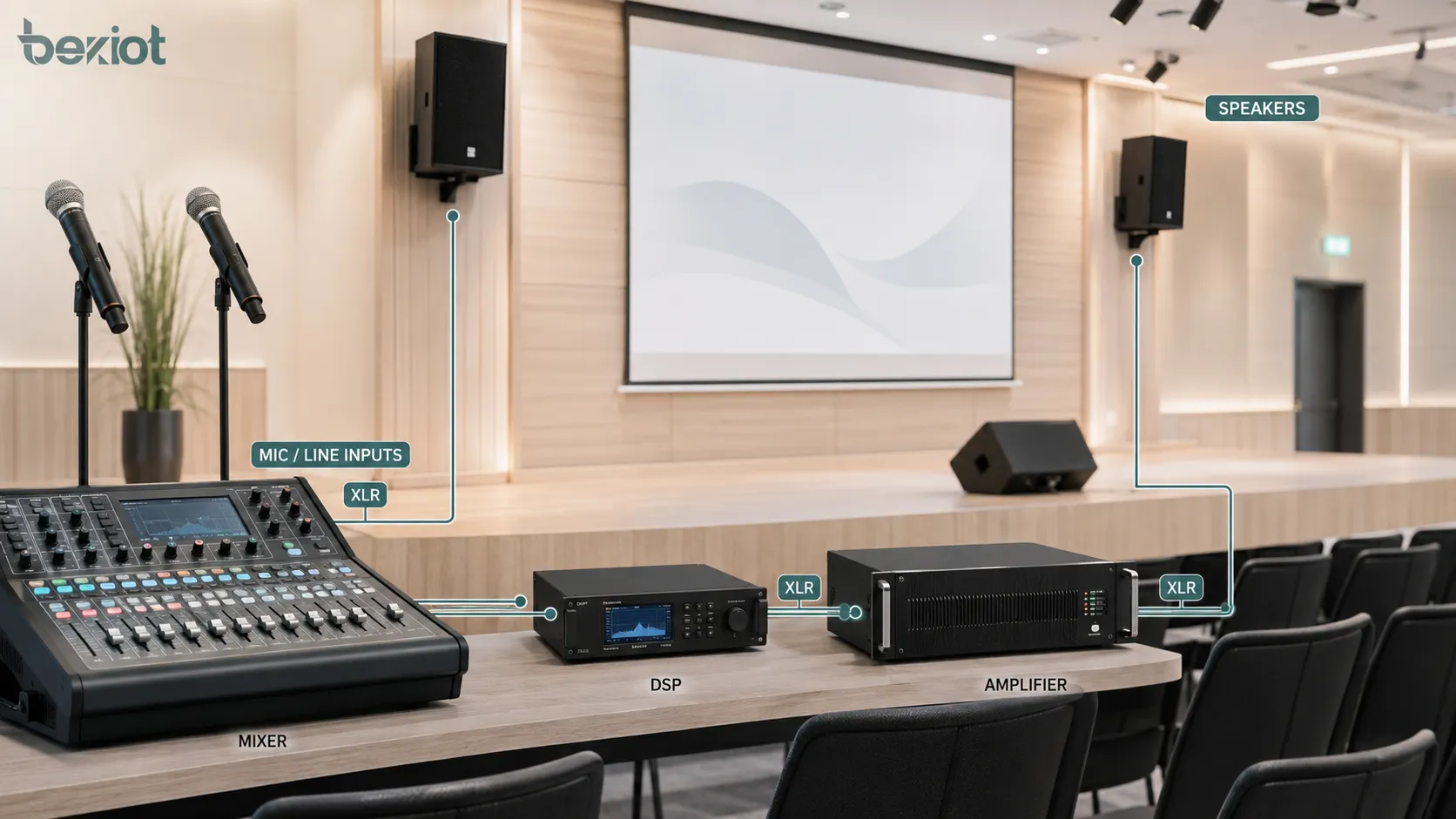 Professionelles AV-System mit symmetrischen Audioverbindungen zwischen Mikrofonen Mischpult DSP Verstärker und Lautsprechern