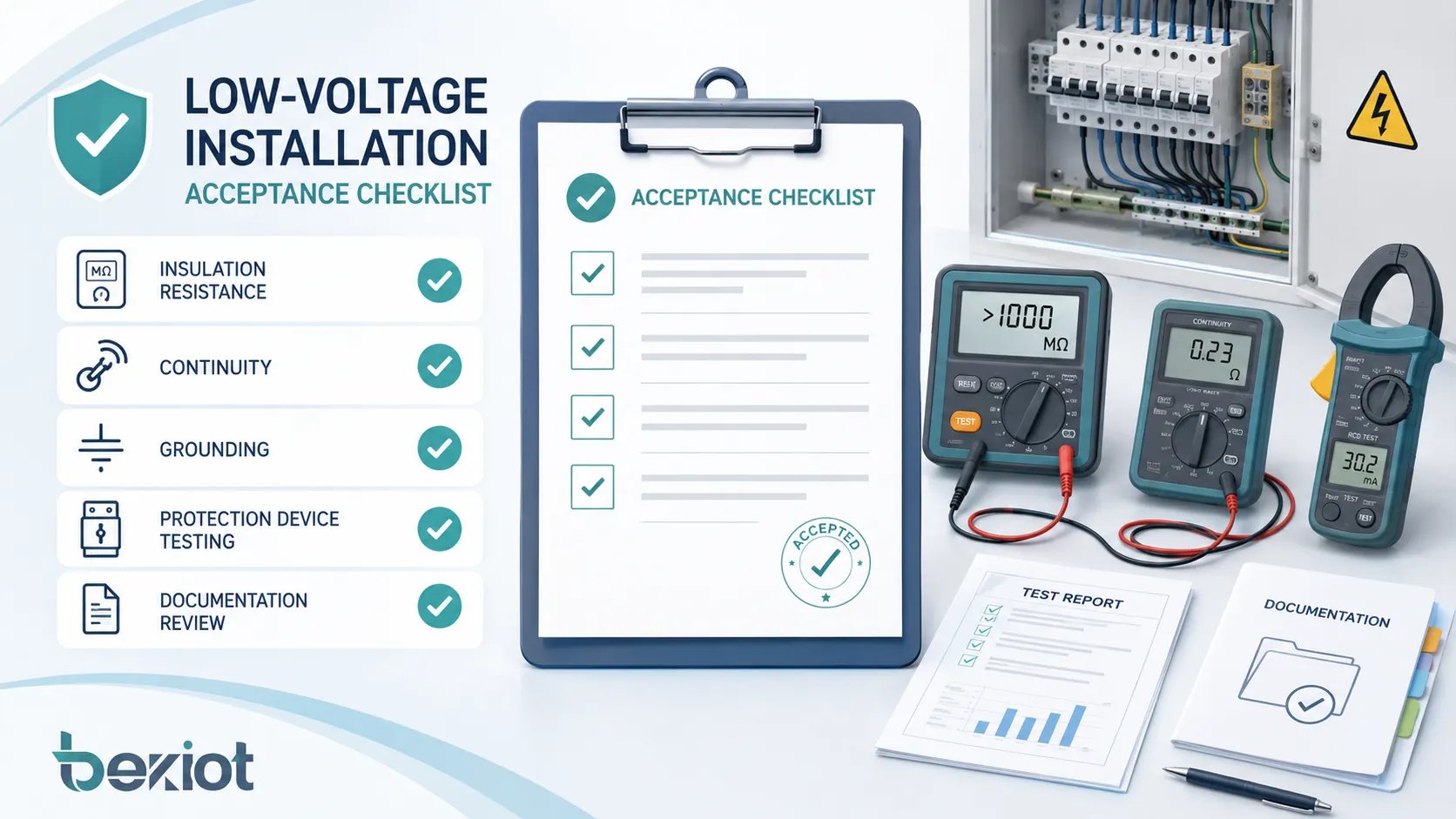 Abnahme-Checkliste für Niederspannungsinstallation mit Isolationswiderstand, Durchgängigkeit, Erdung, Prüfung der Schutzeinrichtungen und Dokumentenprüfung