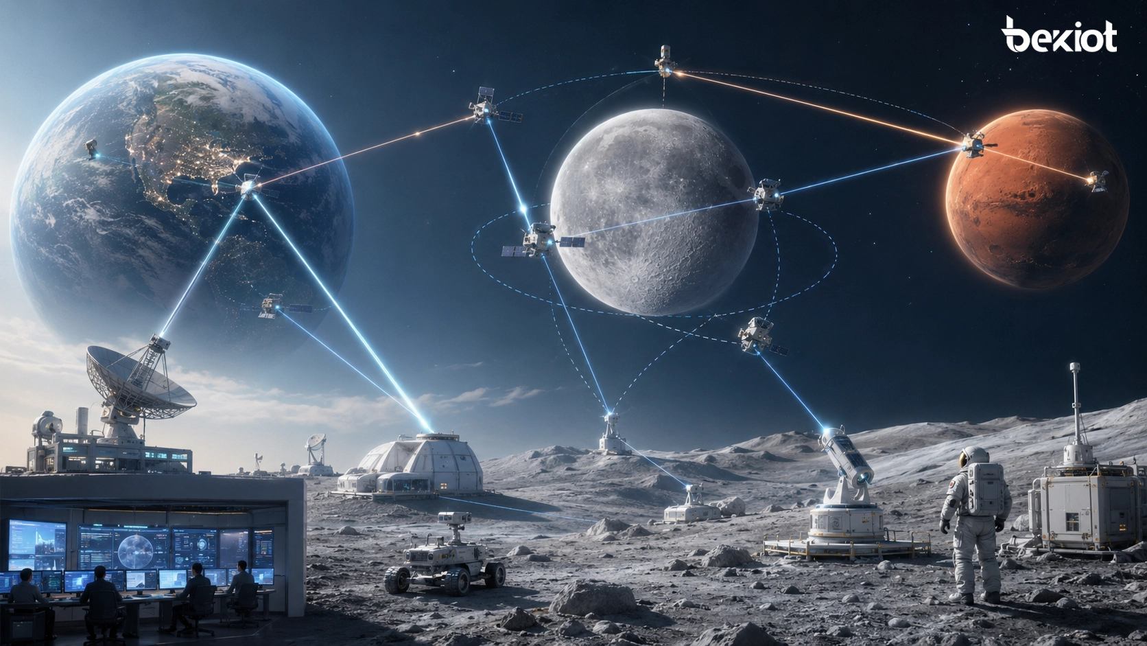 Konzeptionelles optisches Mond-bis-Mars-Netz verbindet Raumfahrzeuge Mondanlagen Bodenstationen und Missionskontrolle