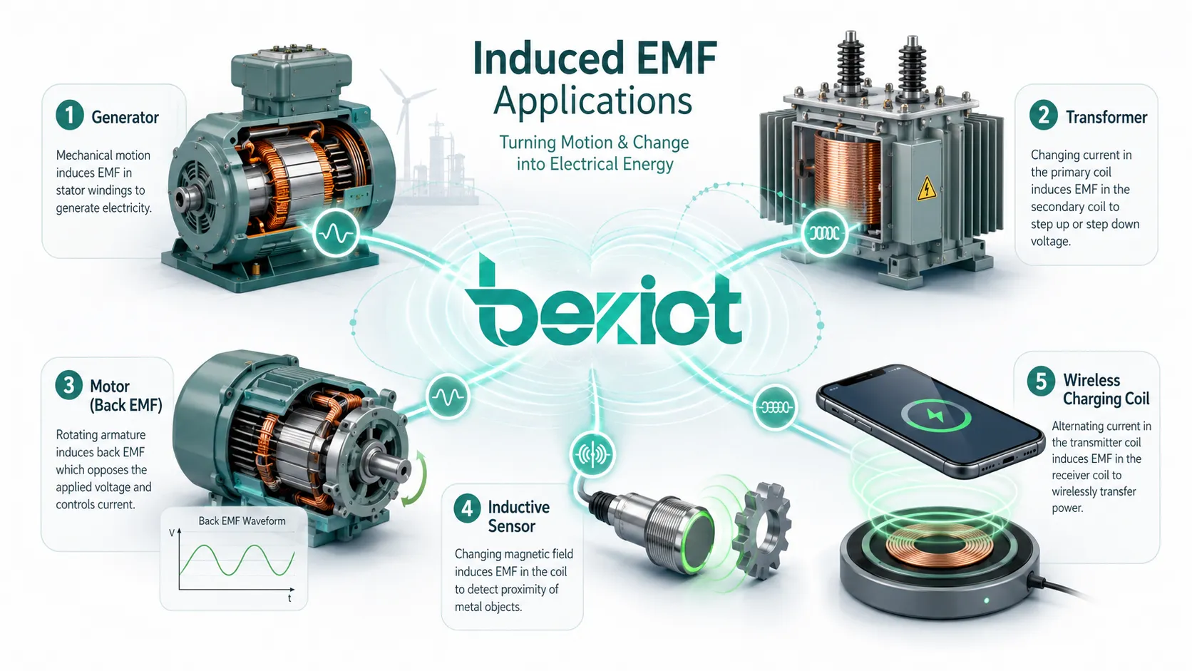 Anwendungen der induzierten EMK: Generator, Transformator, Motor mit Gegen-EMK, induktiver Sensor und Spule für kabelloses Laden