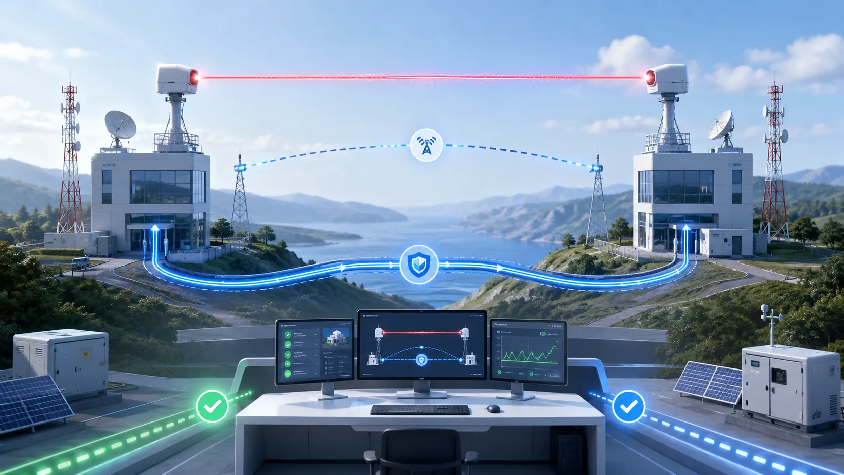 Resiliente Laserkommunikationsarchitektur mit optischen Funk- Glasfaser- und Funk-Failover-Pfaden
