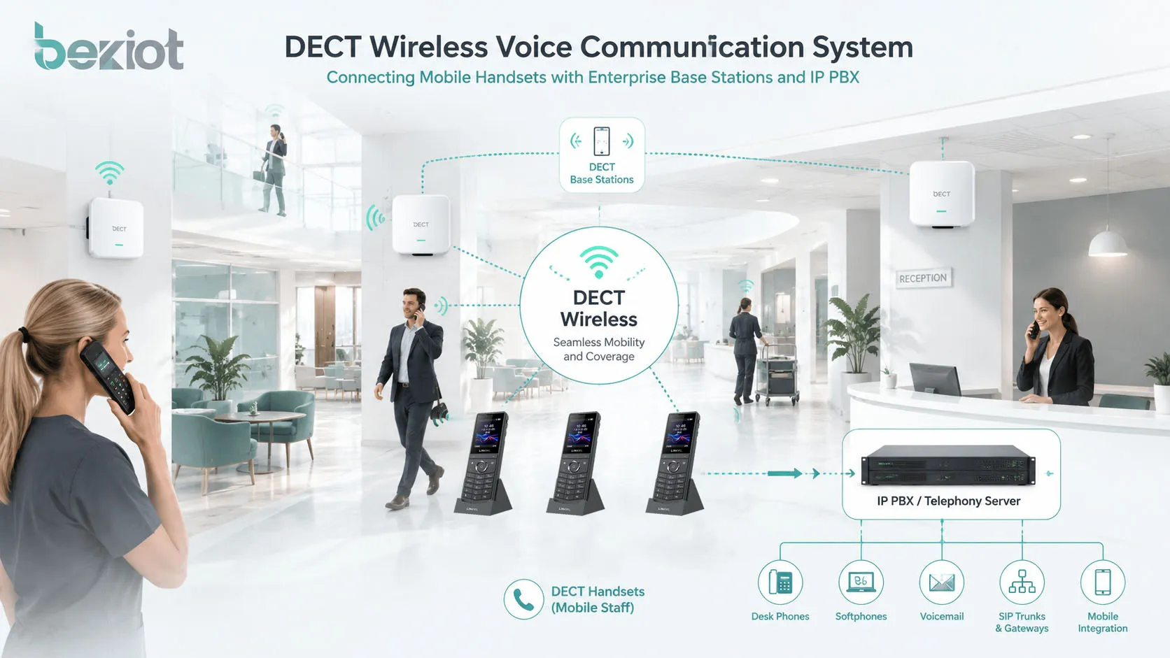 IP-DECT-Basisstationen integriert mit IP-PBX, SIP-Telefonen, Paging-Lautsprechern und betrieblicher Kommunikationsplattform