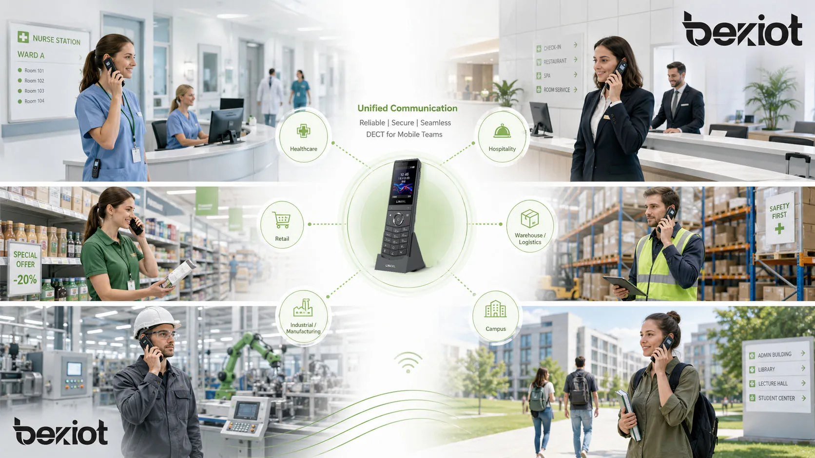 DECT-Branchenanwendungen in Gesundheitswesen, Gastgewerbe, Einzelhandel, Lager, Industrie und Campus-Kommunikationsumgebungen