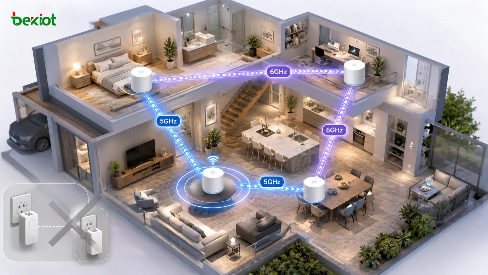 Wi-Fi-Mesh-Netz ersetzt Powerline-Adapter für Ganzhausabdeckung mit 5GHz- und 6GHz-Backhaul