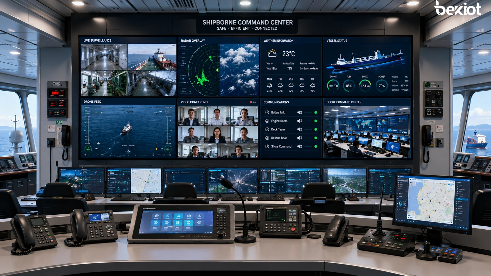 Schiffsgebundene Audio-Video-Führungszentrale verbindet Bordkontrollraum, SIP-Kommunikation, Überwachungskameras, Radardaten, Wetterinformationen, Drohnen, Satellitentelefon, Funksystem und landseitige Leitstelle