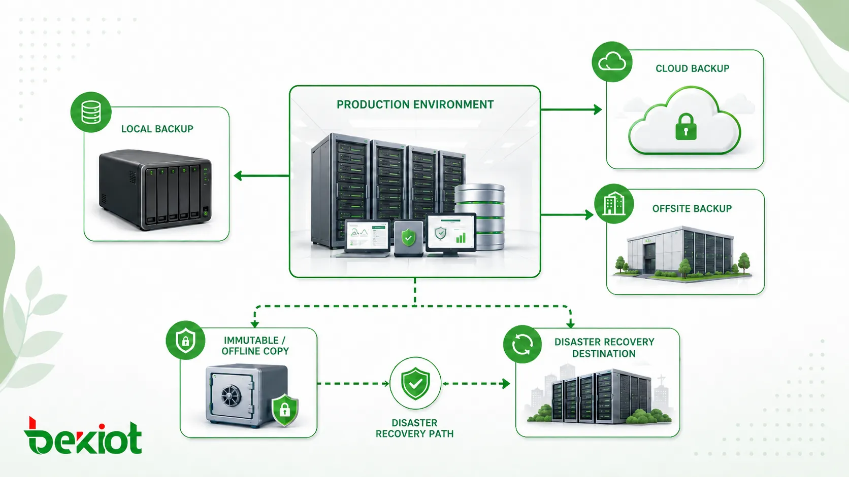 Datensicherungsarchitektur mit lokalem Backup Cloud Backup Offsite-Speicher unveränderlicher Kopie und Disaster-Recovery-Pfad