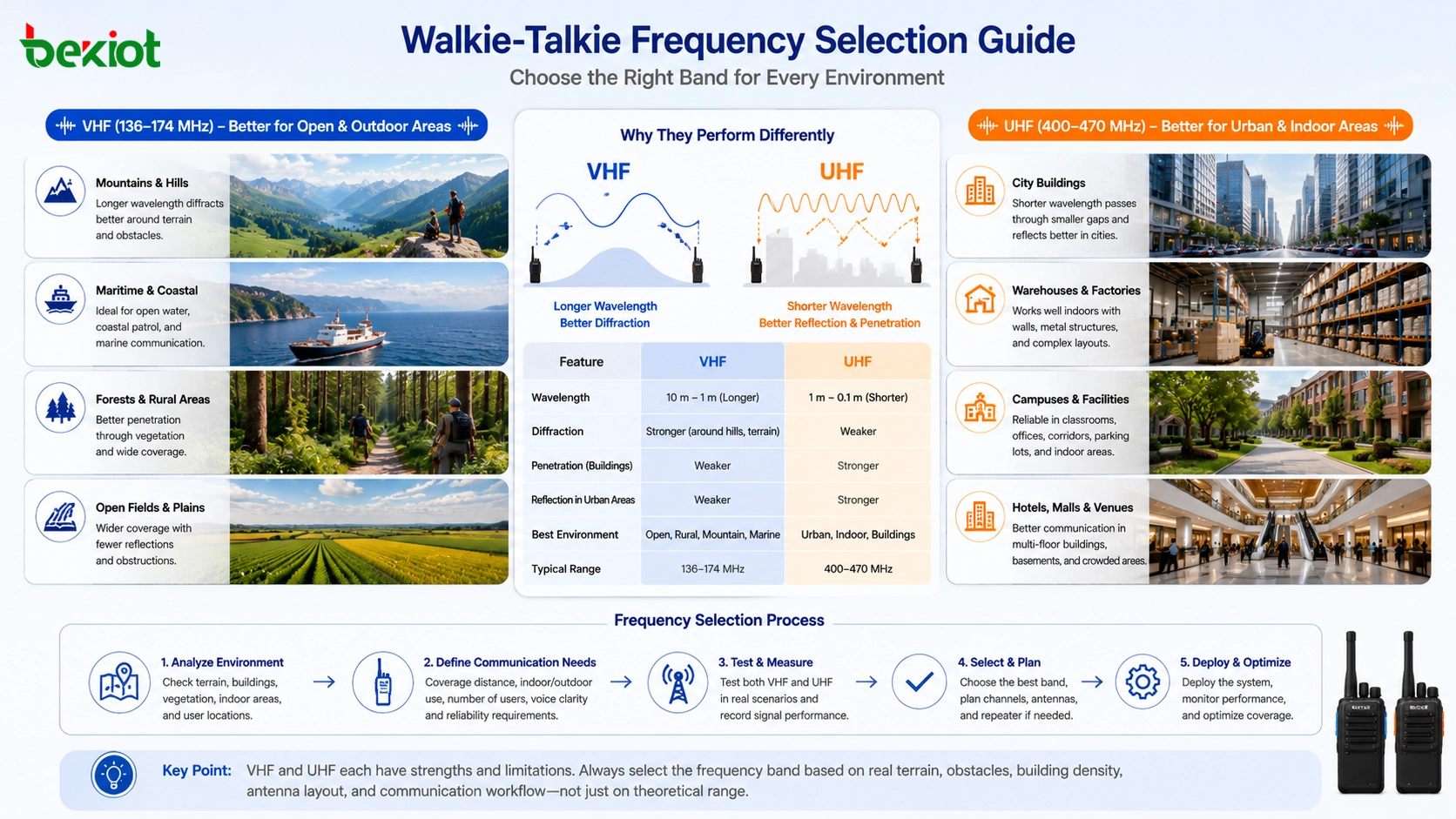 Frequenzauswahlleitfaden für Walkie-Talkies mit Vergleich von VHF und UHF für Stadtgebäude, offene Felder, Wälder, Berge, Lager und maritime Kommunikation
