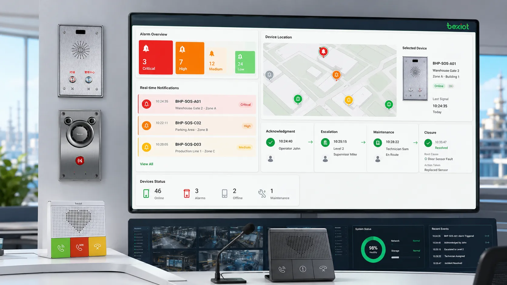 Störungsalarm-Dashboard mit Schweregradklassifizierung, Gerätestandort, Echtzeitbenachrichtigung, Quittierung, Eskalation und Wartungsabschluss
